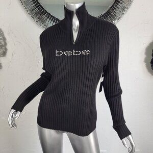 NWT~$80~BEBE~L/XL~BLACK RHINESTONE BLING TURTLENECK SWEATER TOP BLOUSE SHIRT